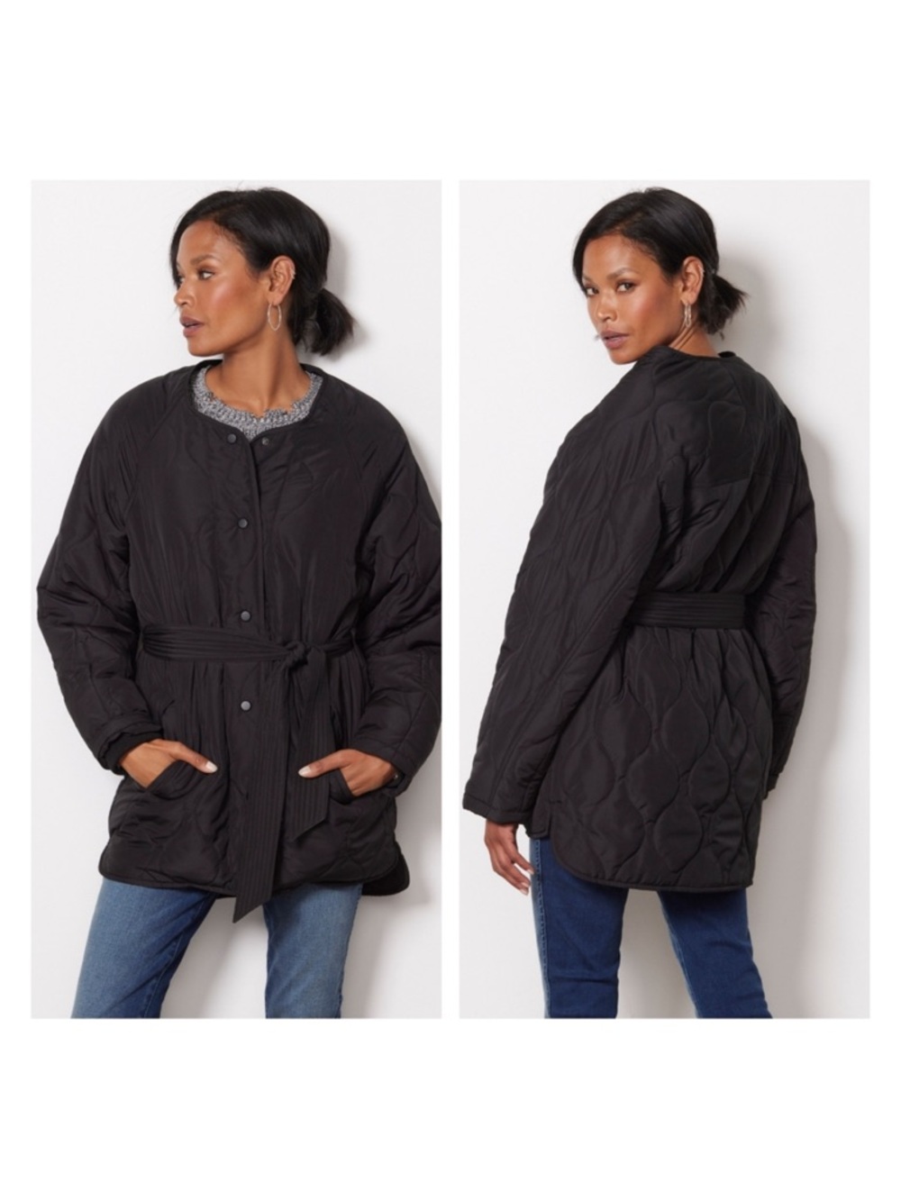 Evereve • Black Belted Toni Quilted Jacket Size Small With Curved Hem
